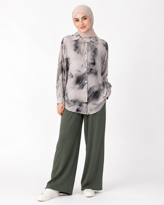 طقم Olive Marble – قميص رخامي وبنطال زيتوني QQ-014
