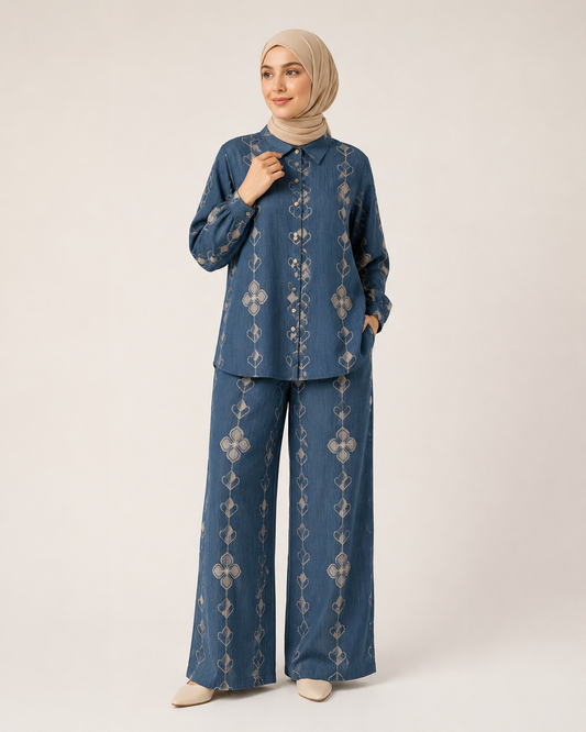 طقم Blue Bloom – قميص وبنطال مطرّز